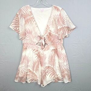 Pink Lily V-Neck Tie Front Short Sleeve Short Romper Floral M  White Pink
